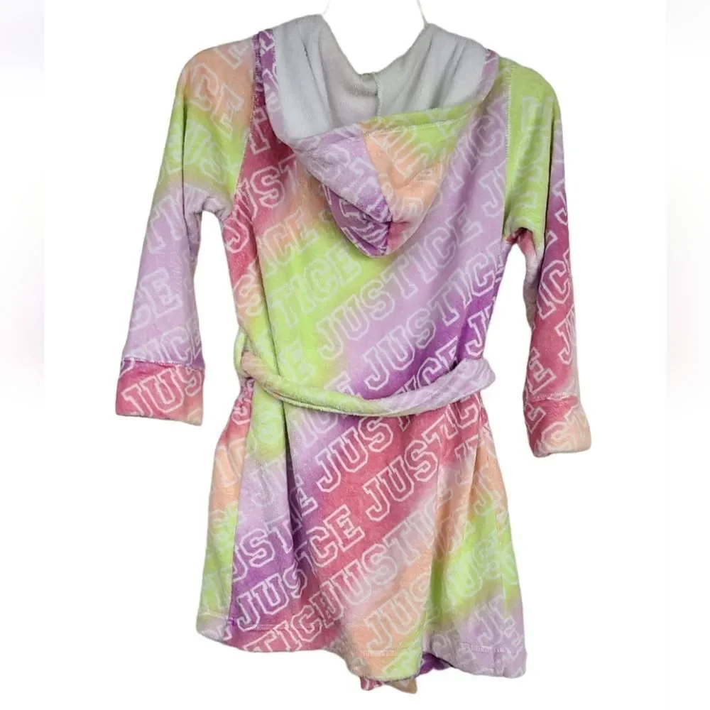 Justice Girls 10 Plush Faux Fur Hooded Robe Sparkle Rainbow Fleece Soft Bathrobe